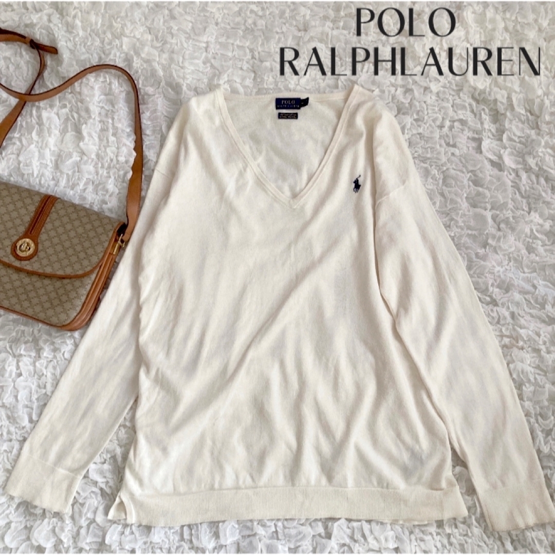 POLO RALPH LAUREN(ポロラルフローレン)の【POLO RALPHLAUREN】ゆったり　Vネックニット　セーター　ホワイト レディースのトップス(ニット/セーター)の商品写真