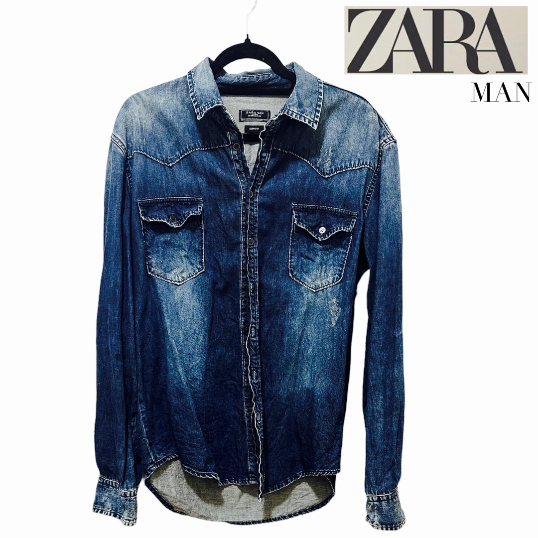 ZARA(ザラ)のZARA MAN ザラマンデニムウエスタンシャツ 濃紺色メンズ メンズのジャケット/アウター(Gジャン/デニムジャケット)の商品写真