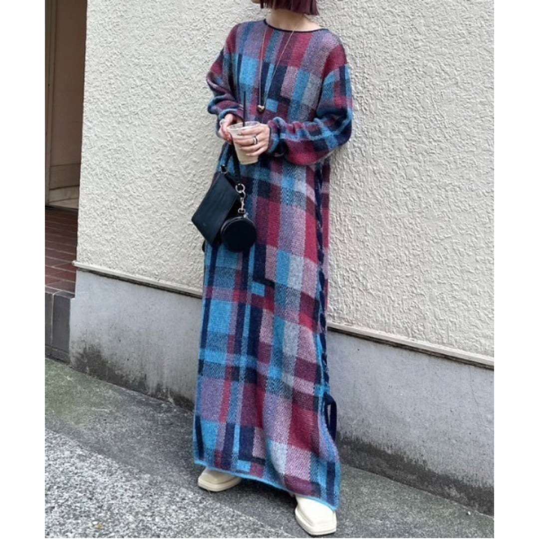 アメリ BIG CHECK LACE UP KNIT DRESS