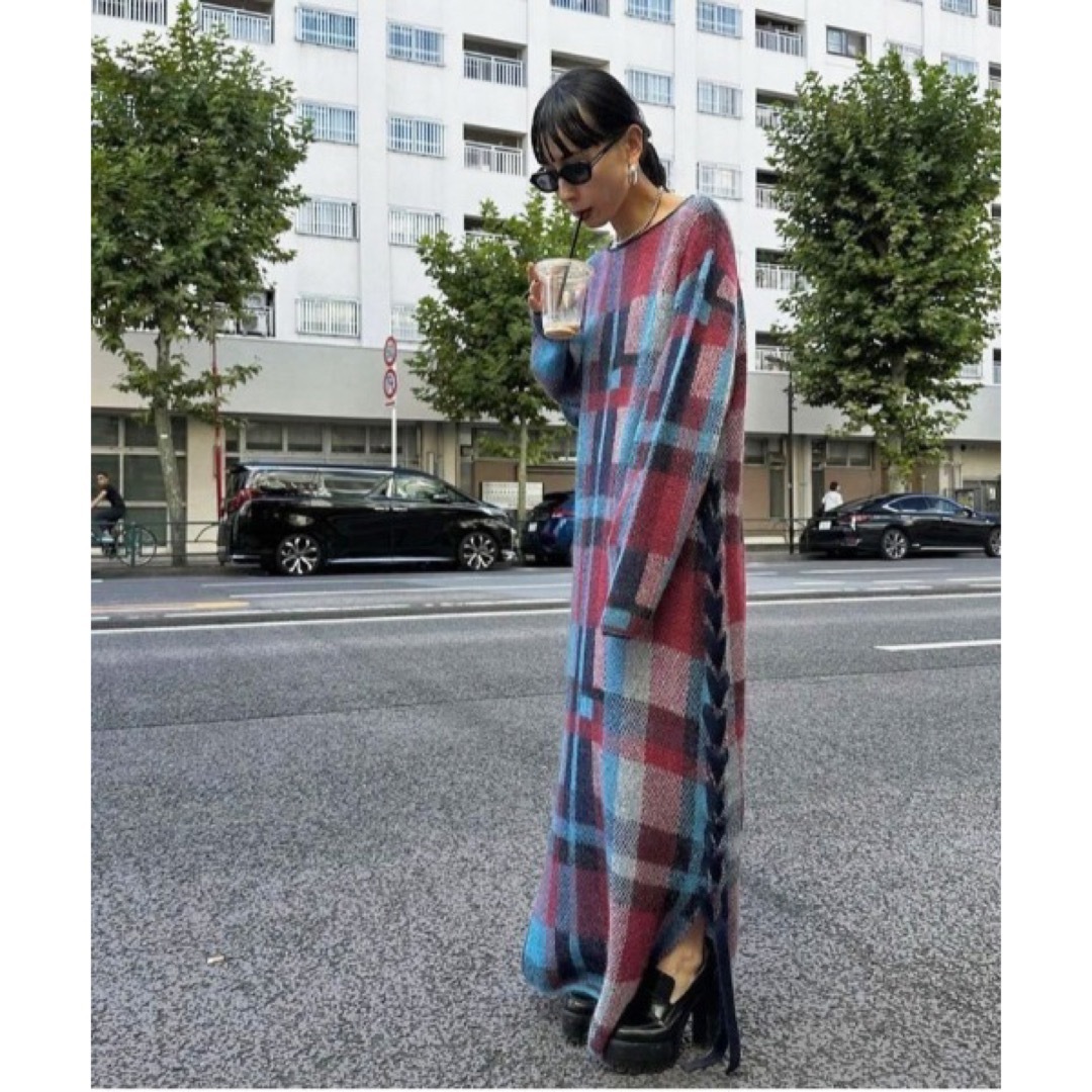 Ameri VINTAGE - アメリ BIG CHECK LACE UP KNIT DRESSの通販 by