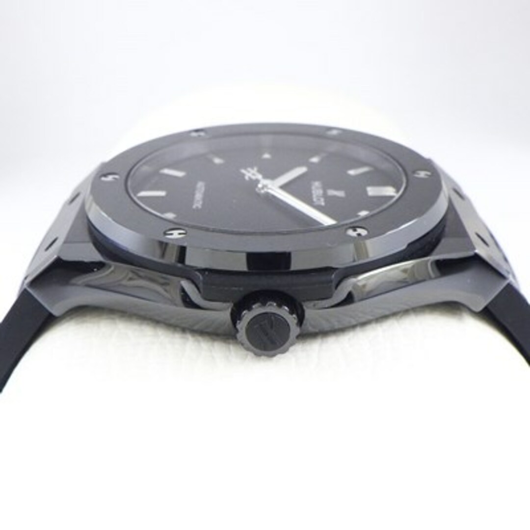 ウブロ Hublot 腕時計 クラシック フュージョン ブラックマジック 45mm 511.CM.1171.RX デイト 裏スケ ビス ブラック文字盤 黒 サテン仕上げ セラミック チタン SS アリゲーターレザー&ラバーベルト 自動巻き 【中古】