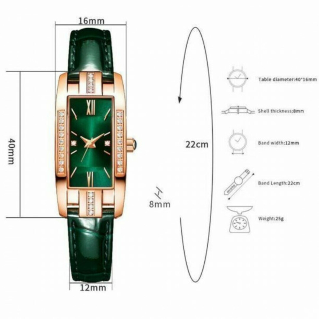 腕時計 レディース グリーン クオーツ式 高級 スクエア 革 ベルト 新品 レディースのファッション小物(腕時計)の商品写真