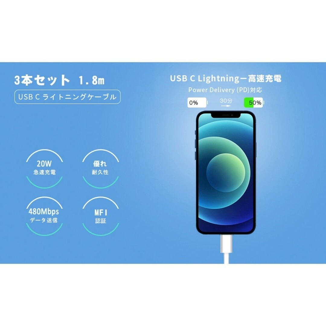 USB-C ライトニングケーブル 1.8M 3本セット スマホ/家電/カメラのスマートフォン/携帯電話(その他)の商品写真