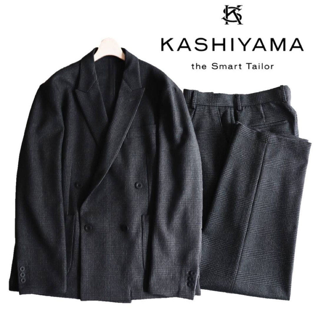 《KASHIYAMA》新品 千鳥格子柄 ダブルブレスト4Bスーツ 48(W80)