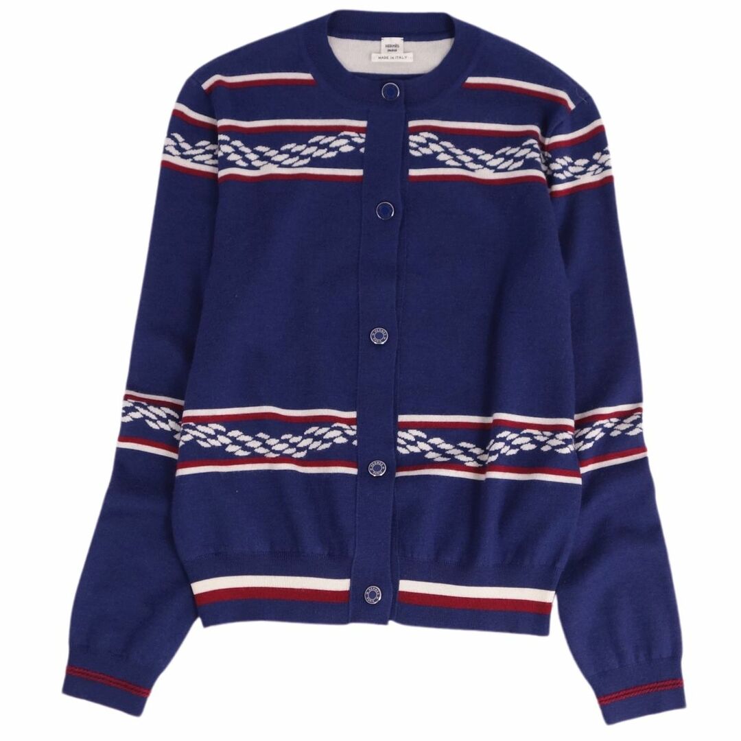 極美品 エルメス HERMES ニット カーディガン 23SS Canoe Chaine d'Ancre カヌーアンカーチェーン セリエボタン カシミヤ シルク トップス レディース 38(M相当) ネイビー/ホワイト/レッド