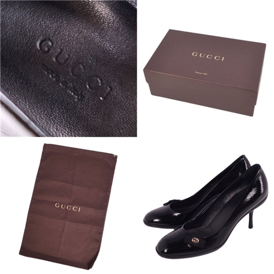 Gucci(グッチ)の未使用 グッチ GUCCI パンプス ヒール ラウンドトゥ リボン インターロッキング GG パテントレザー シューズ レディース 36.5(23.5cm相当) ブラック レディースの靴/シューズ(ハイヒール/パンプス)の商品写真