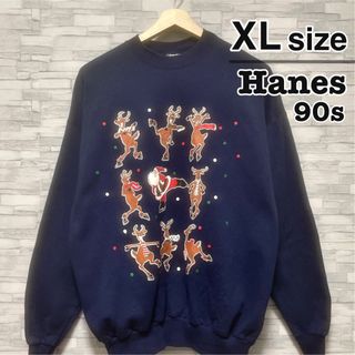 ヘインズ(Hanes)のHanes　スウェット　裏起毛　ネイビー　クリスマス　トナカイ　90s　古着(スウェット)