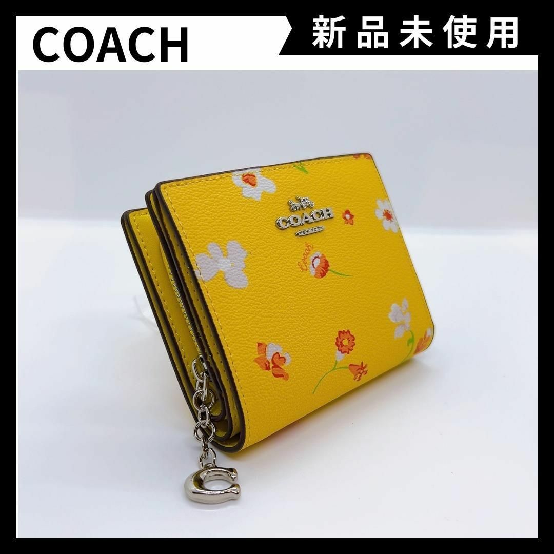 新品☆COACH(コーチ) イエロー 花柄 レザー 折り財布