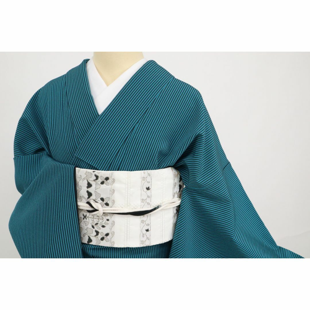 《長尺◆洗える着物■小紋『撫松庵』縞模様■青緑×黒◆袷化繊着物◆KG10-25》
