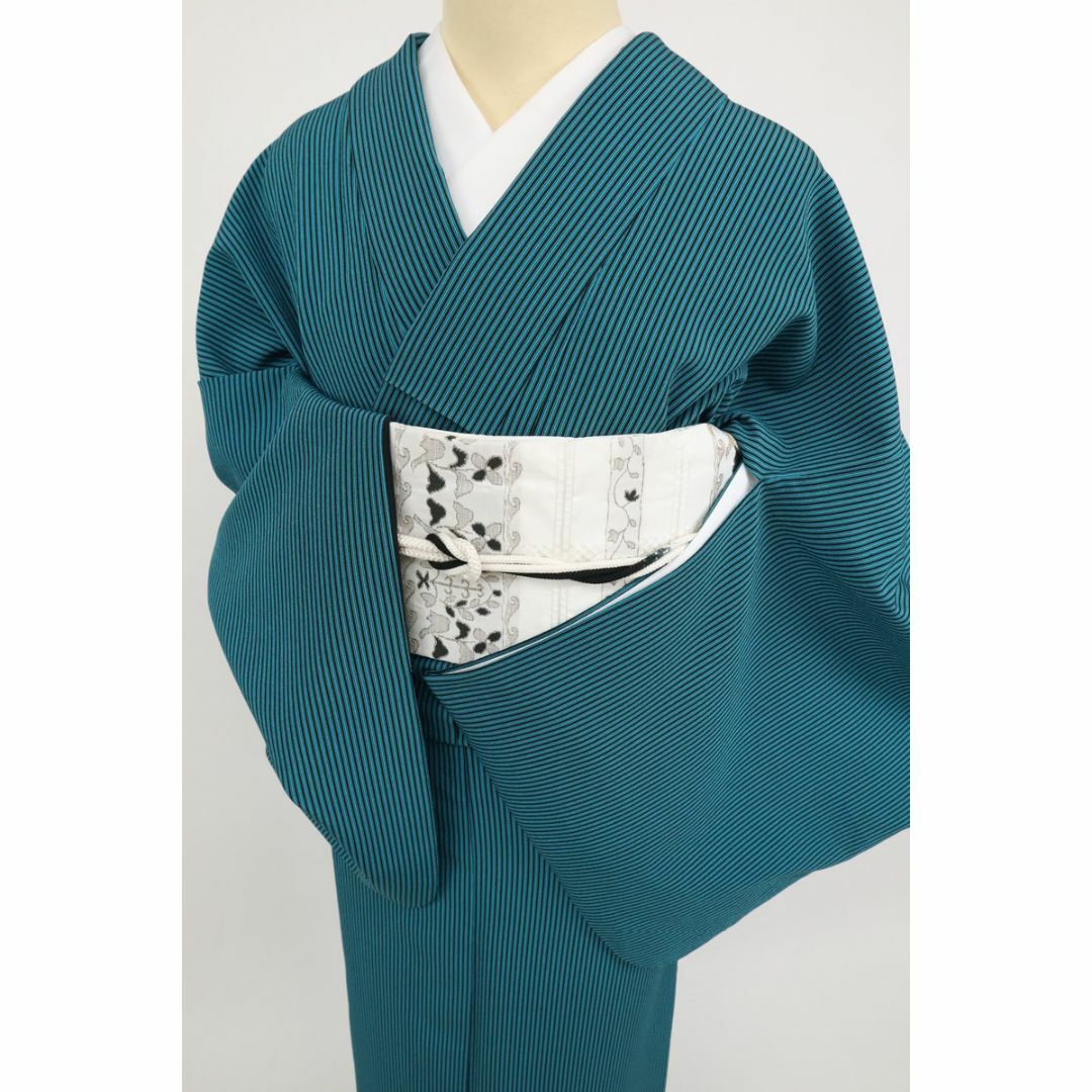 《長尺◆洗える着物■小紋『撫松庵』縞模様■青緑×黒◆袷化繊着物◆KG10-25》