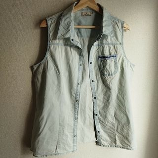 古着 Multiblu ノースリーブ　コットンシャツ　淡いブルー　size42(シャツ/ブラウス(半袖/袖なし))