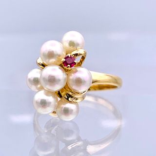 ✴︎極美品 K18 18金 小粒 アコヤ真珠 パール ルビー デザイン リング-
