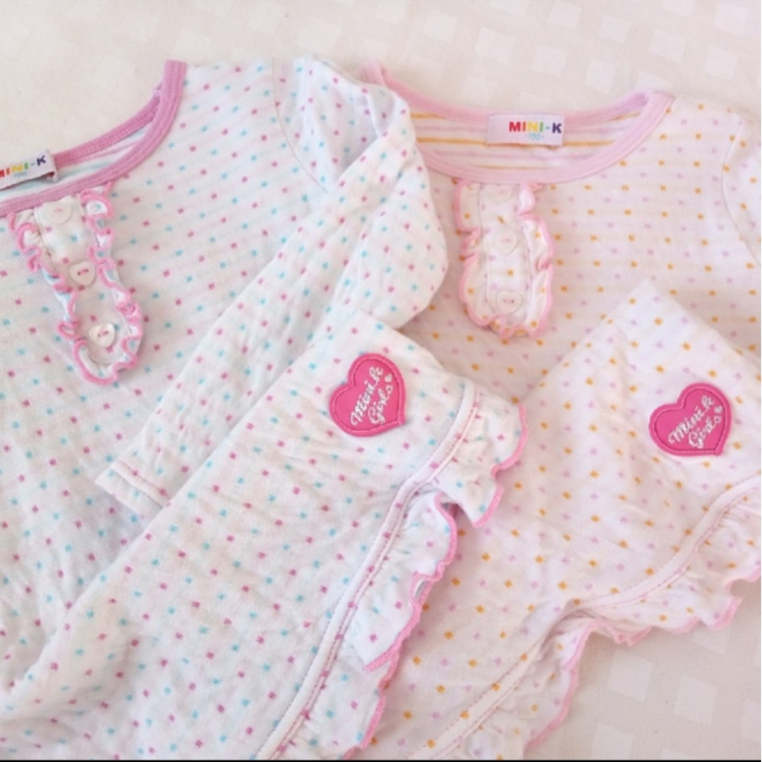 MINI-K(ミニケー)の100♡美品♡MINI-K♡裾フリルドット柄カットソー②♡黄色×ピンクドット柄♡ キッズ/ベビー/マタニティのキッズ服女の子用(90cm~)(Tシャツ/カットソー)の商品写真