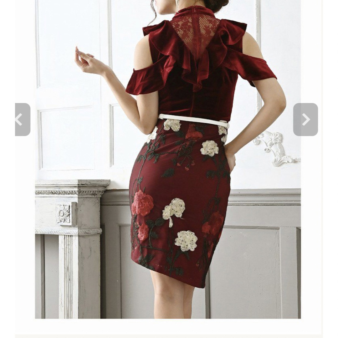 Rew-you（Shairy）(リューユ)のキャバ ドレス ベロア 花柄 赤ドレス タイトドレス ミニドレス レディースのフォーマル/ドレス(ナイトドレス)の商品写真