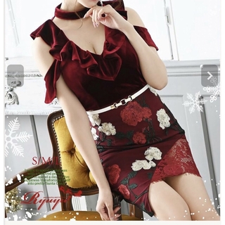 Rew-you（Shairy） - キャバ ドレス ベロア 花柄 赤ドレス タイトドレス ミニドレス