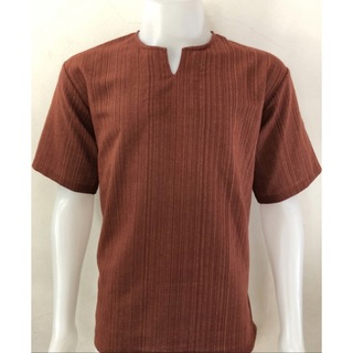 Tシャツ　Vネック　半袖　シンプル　エスニック　アジアン　ブラウン  L(Tシャツ(半袖/袖なし))