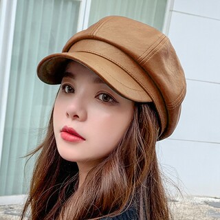 【新品】レザー調 キャスケット 帽子 韓国 レディース ブラウン(ハンチング/ベレー帽)
