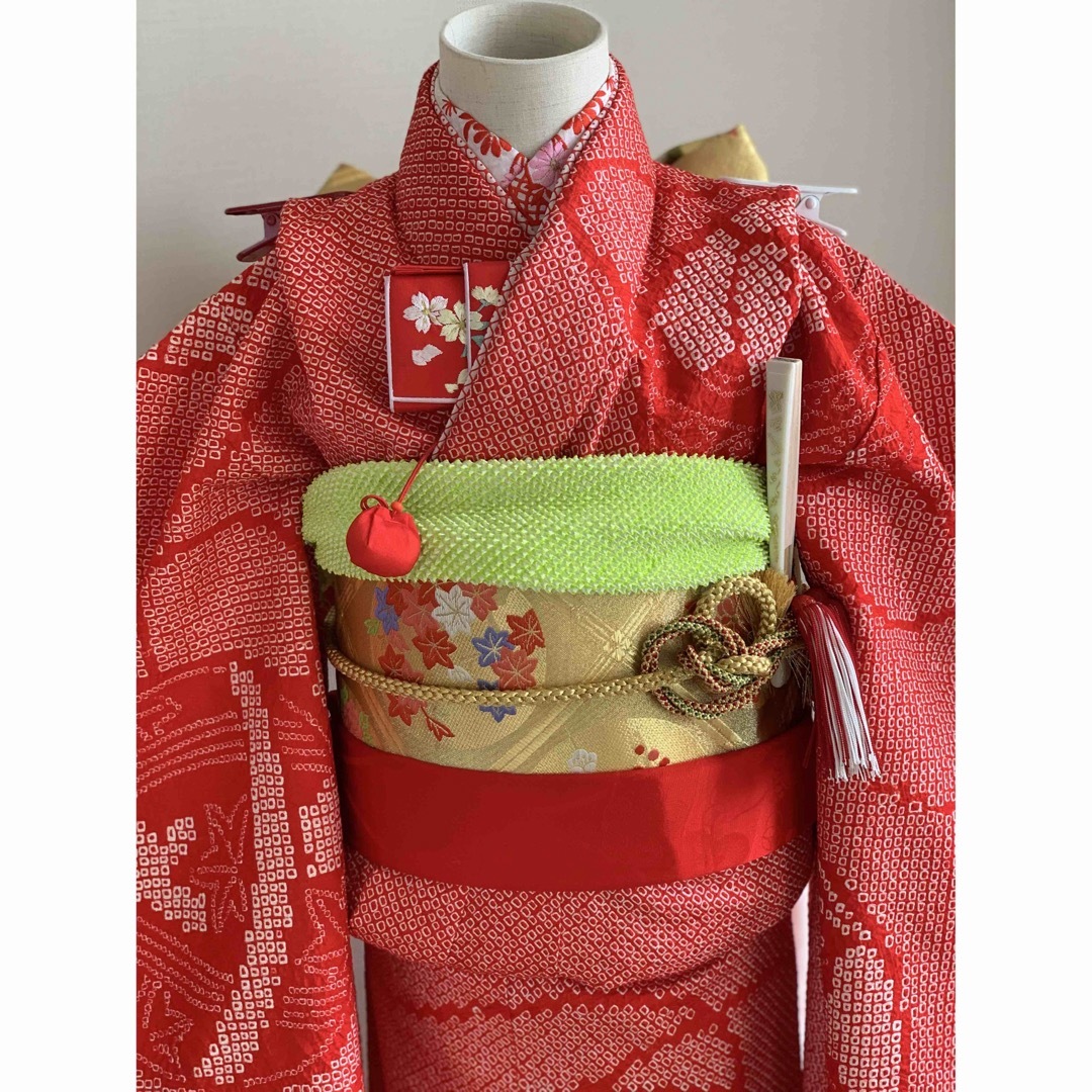 七五三に☆正絹総絞り 赤色に鞠 七歳着物フルセット 作り帯 - www ...