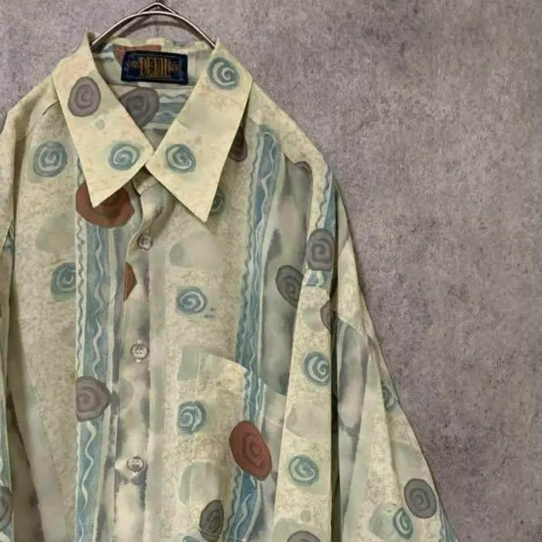 90s vintage 柄シャツ 長袖 メンズ M 個性派 総柄 F3
