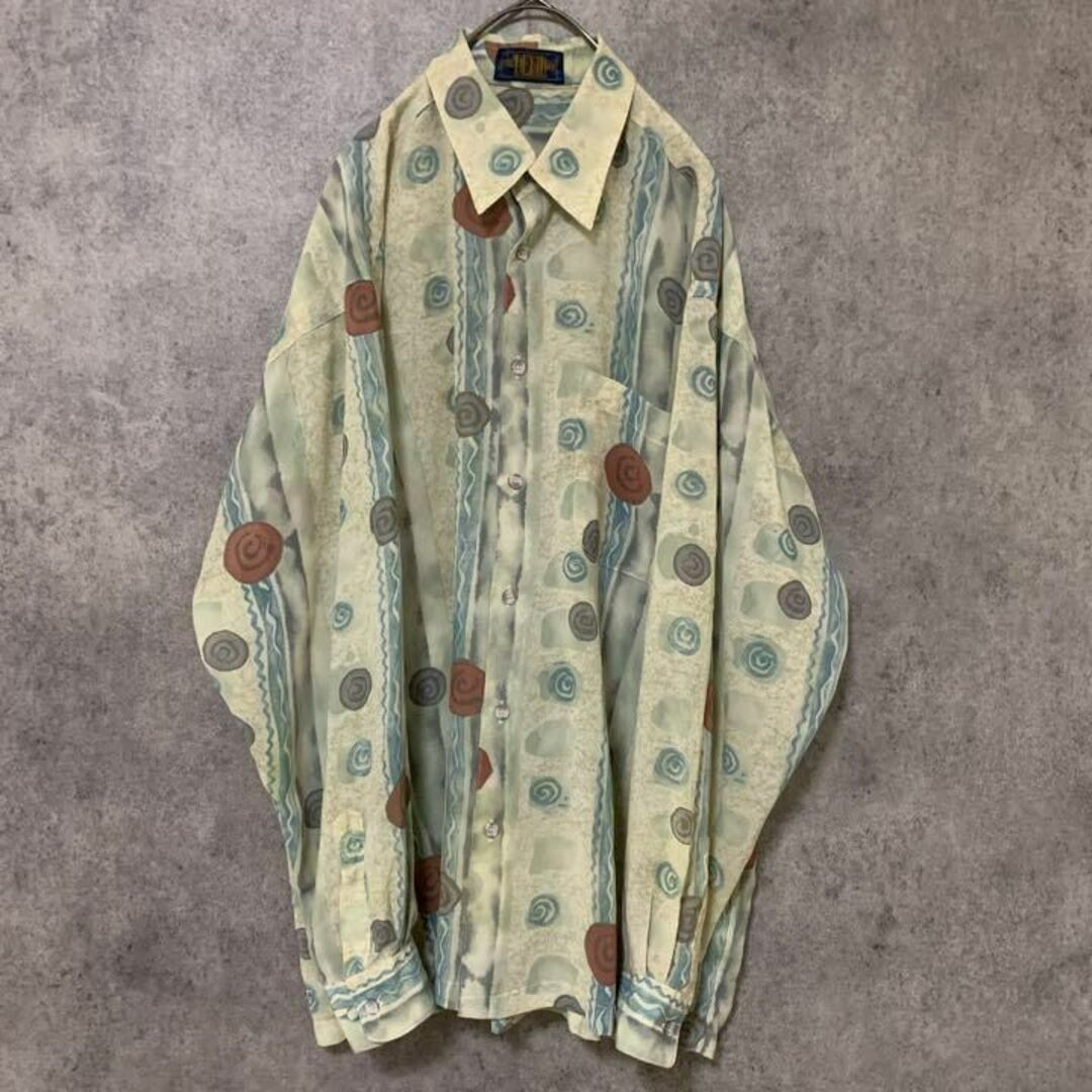 90s vintage 柄シャツ 長袖 メンズ M 個性派 総柄 F3
