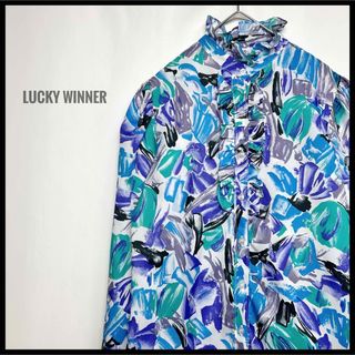 USA製　lucky winner 総柄　デザインシャツ　長袖　ブルー　立体(シャツ/ブラウス(長袖/七分))