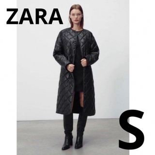 ZARA キルティング　フェイクレザー　ロングコート　ノーカラー　ブラック　S