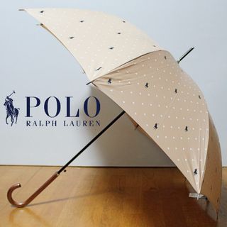 ポロラルフローレン(POLO RALPH LAUREN)の新品 ポロラルフローレン ポニー水玉 ウッドハンドル ジャンプ傘 ピンクベージュ(傘)