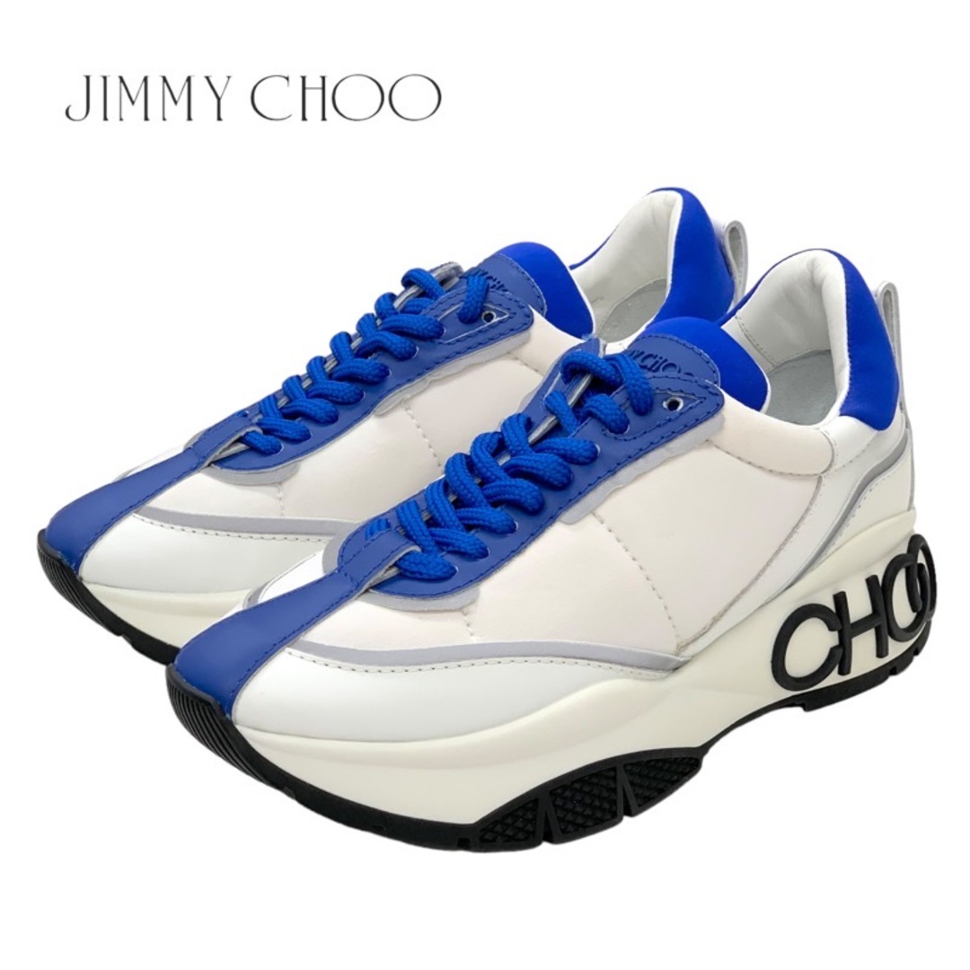 JIMMY CHOO(ジミーチュウ)のジミーチュウ JIMMY CHOO RAINE スニーカー 靴 シューズ ナイロン レザー ホワイト ブルー 未使用 ロゴ レディースの靴/シューズ(スニーカー)の商品写真