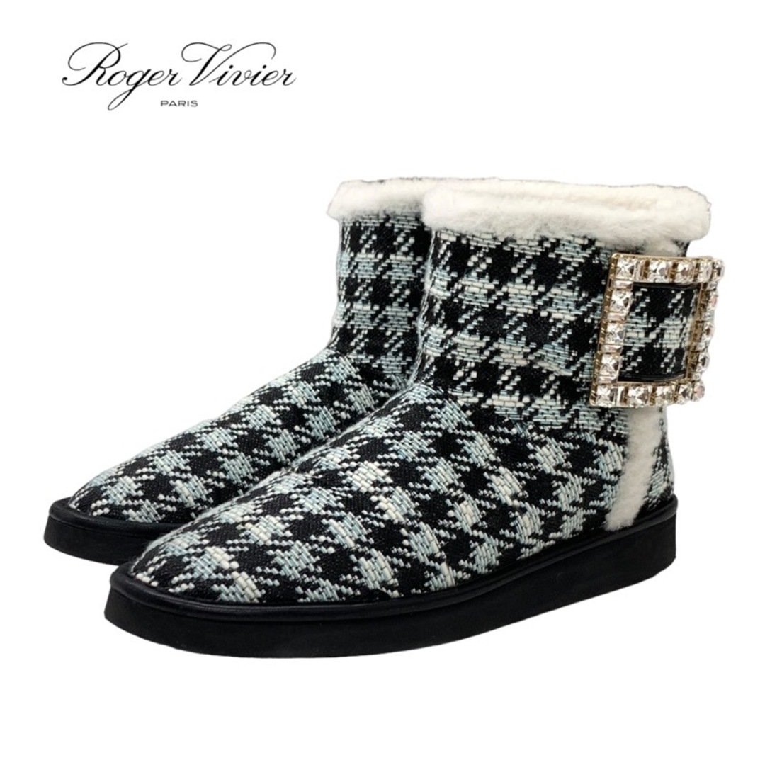 ROGER VIVIER - ロジェヴィヴィエ Roger Vivier ブーツ ショートブーツ ムートンブーツ ビジュー 千鳥格子 ファブリック ブラック ホワイト