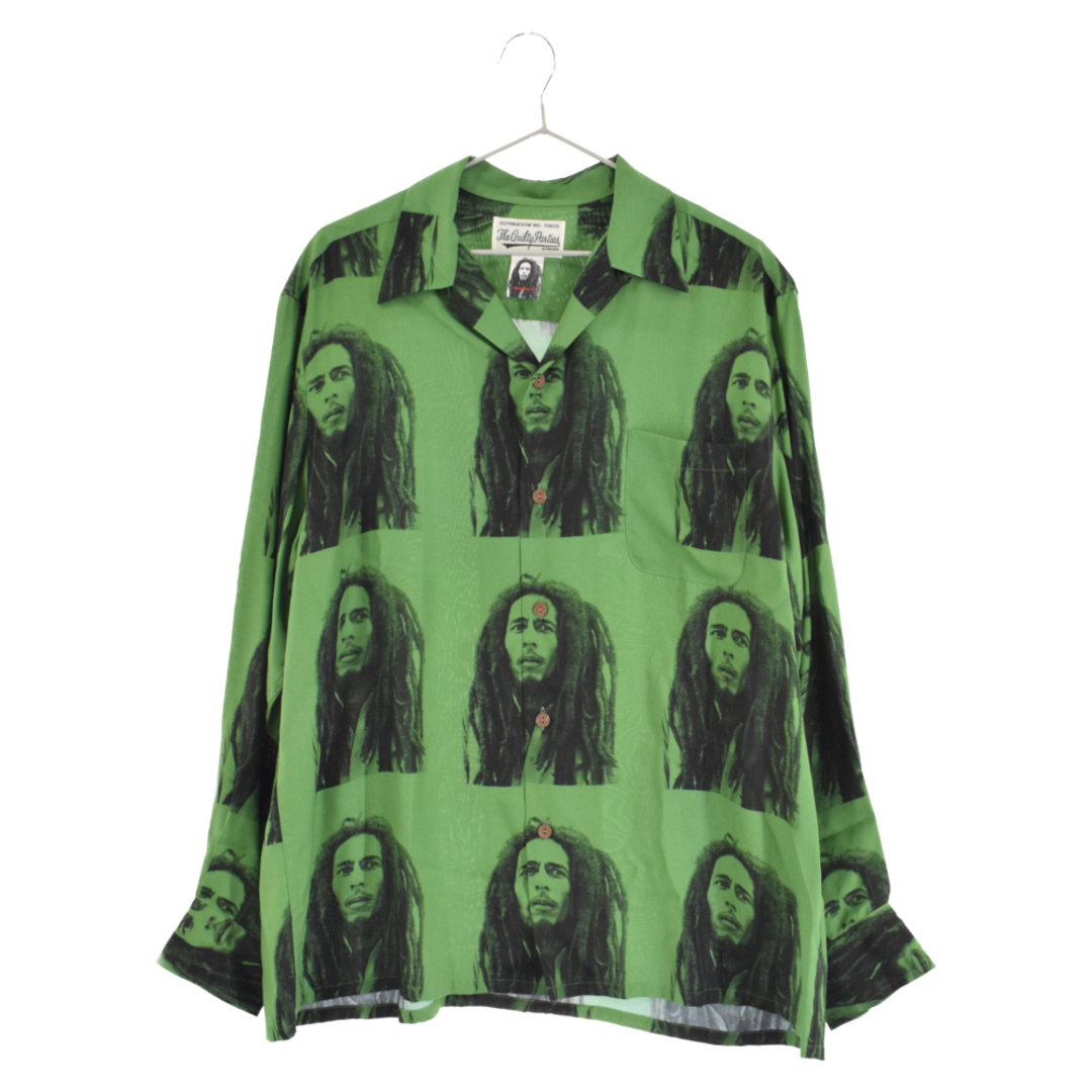 WACKO MARIA ワコマリア 22AW×BOB MARLEY HAWAIIAN SHIRT L/S TYPE-2×ボブマーリー オープンカラー総柄 ハワイアン長袖シャツ グリーン BOBMARLEY-WM-HI06