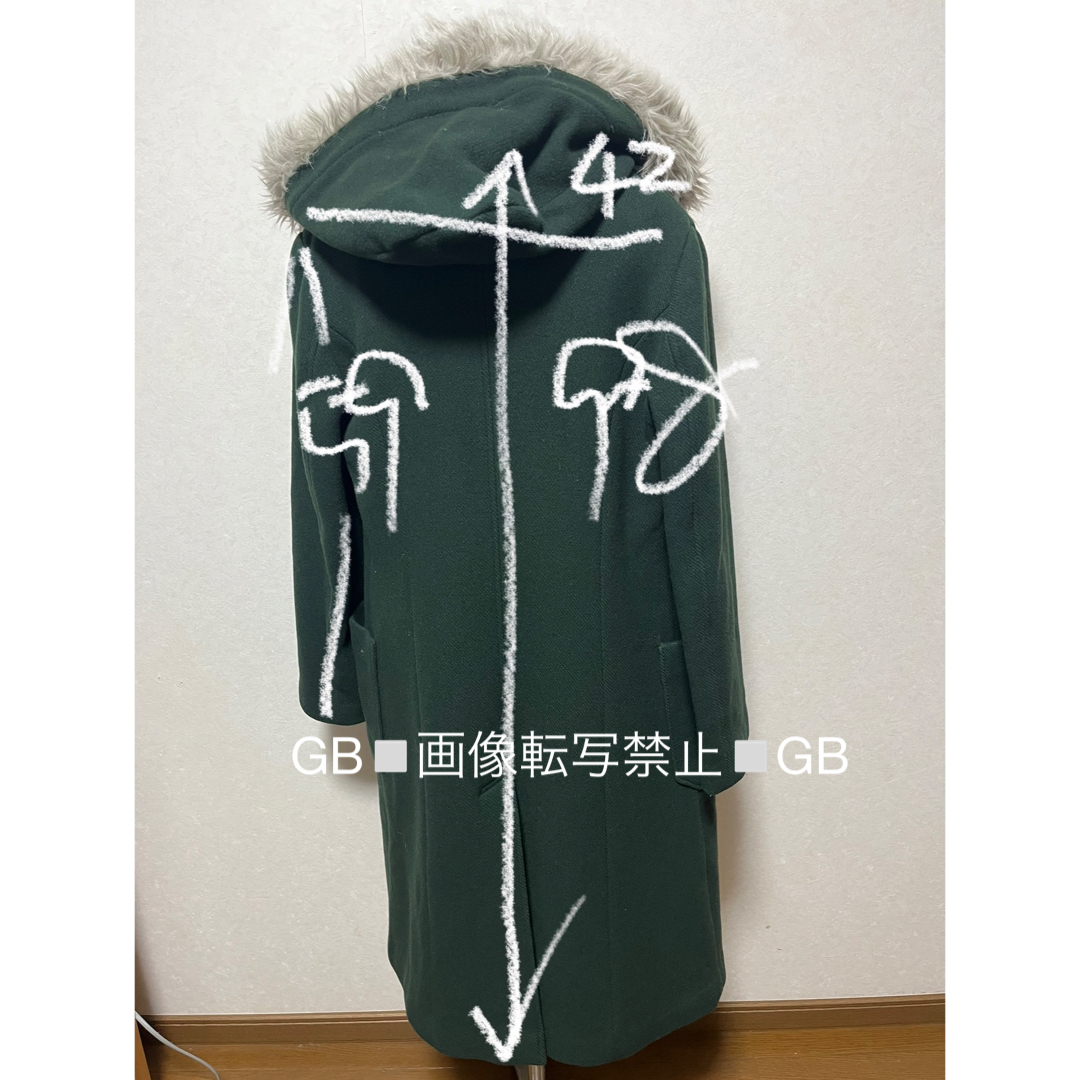 I.S. フード付き　ダップル　ロングコート　グリーン レディースのジャケット/アウター(ロングコート)の商品写真