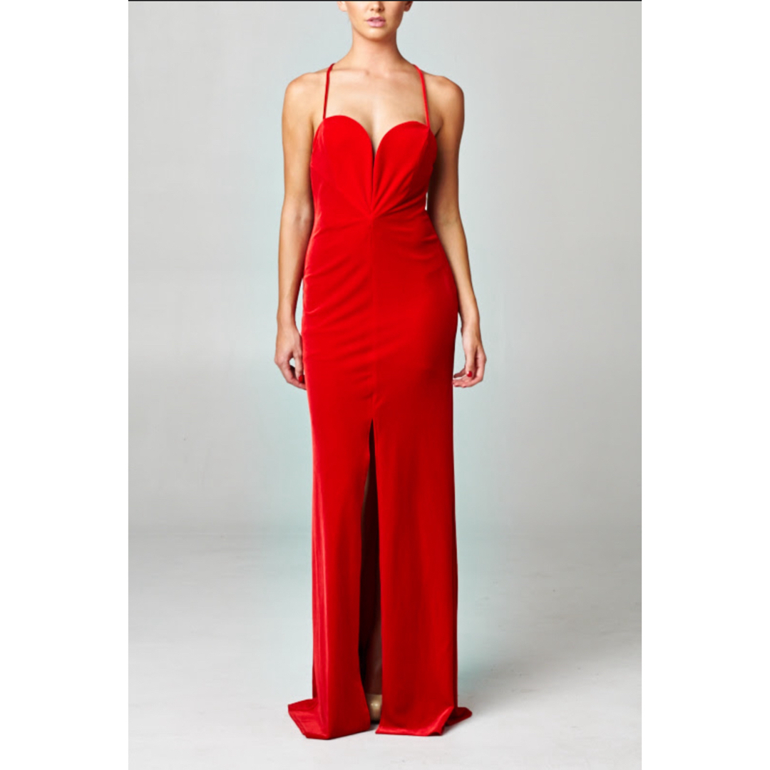 TADASHI SHOJI(タダシショウジ)の新品 USAロングドレス SEXY BARE VELVET RED S レディースのフォーマル/ドレス(ロングドレス)の商品写真