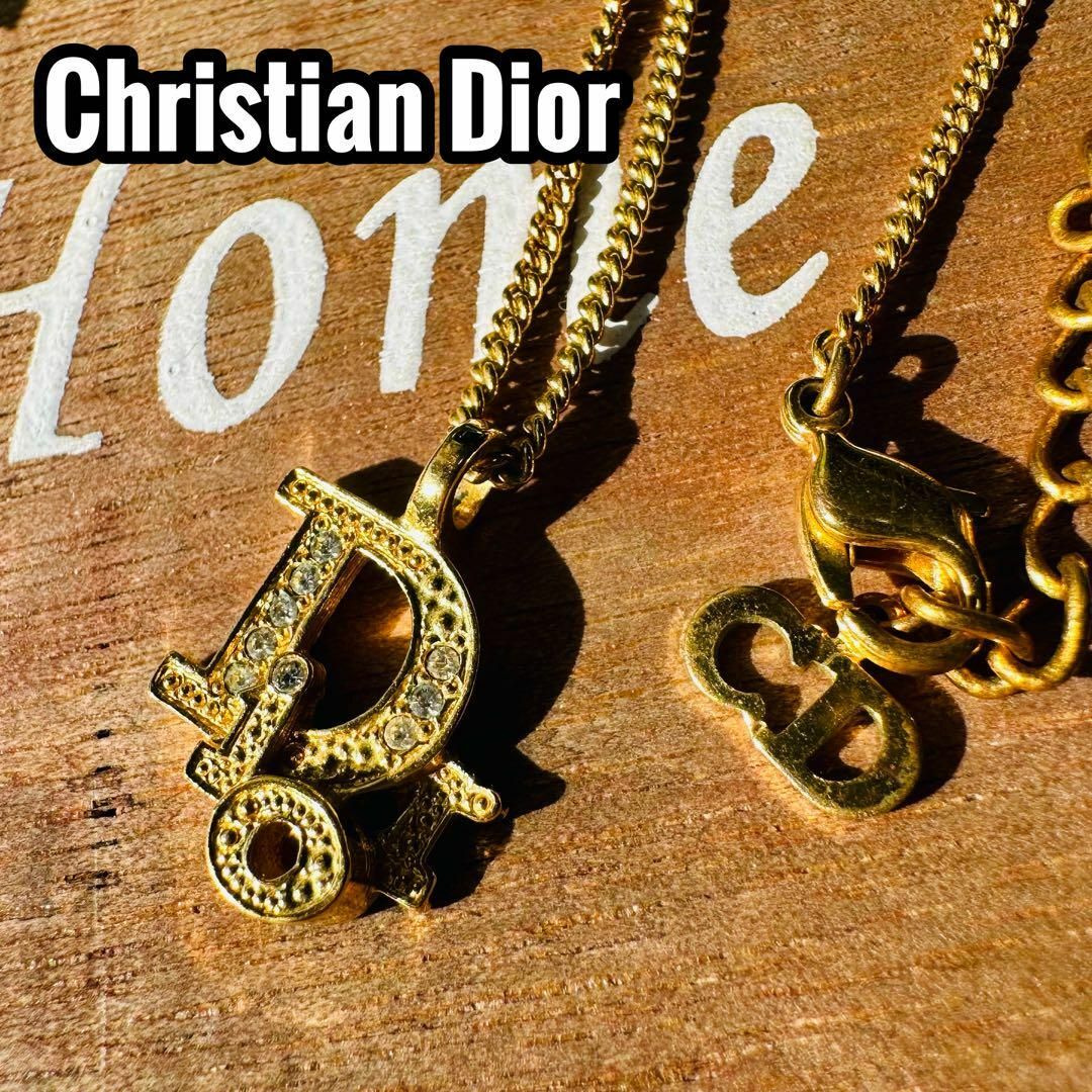 【美品】Christian Dior ロゴネックレス ラインストーン ゴールド