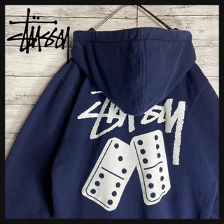 STUSSY  ジップアップ ビックロゴ パーカー S ダークネイビー　白