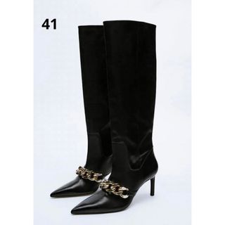 ザラ(ZARA)のZARA LEATHER STILETTO HIGH-HEEL BOOTS 41(ブーツ)