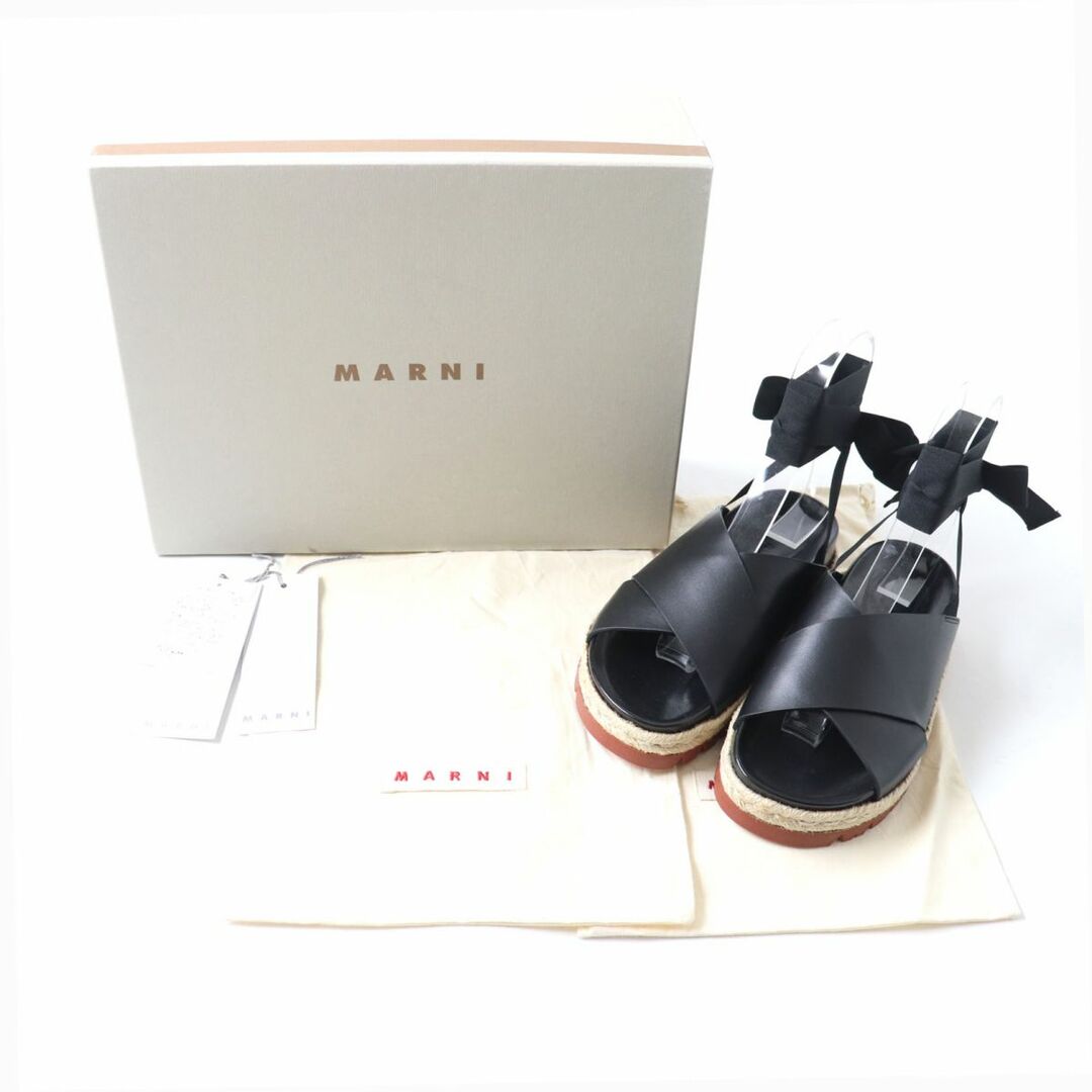 約25cmワイズ未使用品★定価94600円 MARNI マル二 アンクルリボン レザー サンダル レディース ブラック 黒 35 イタリア製 箱・保管袋付き エレガント◎