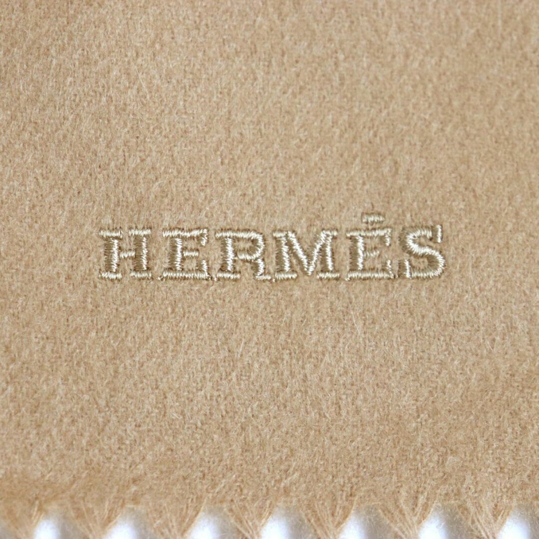 未使用品▼HERMES エルメス H391632T 王者の虎/タイガー ロゴ刺繍入り フリンジ付き カシミヤ100% マフラー ベージュ メンズ 箱付き