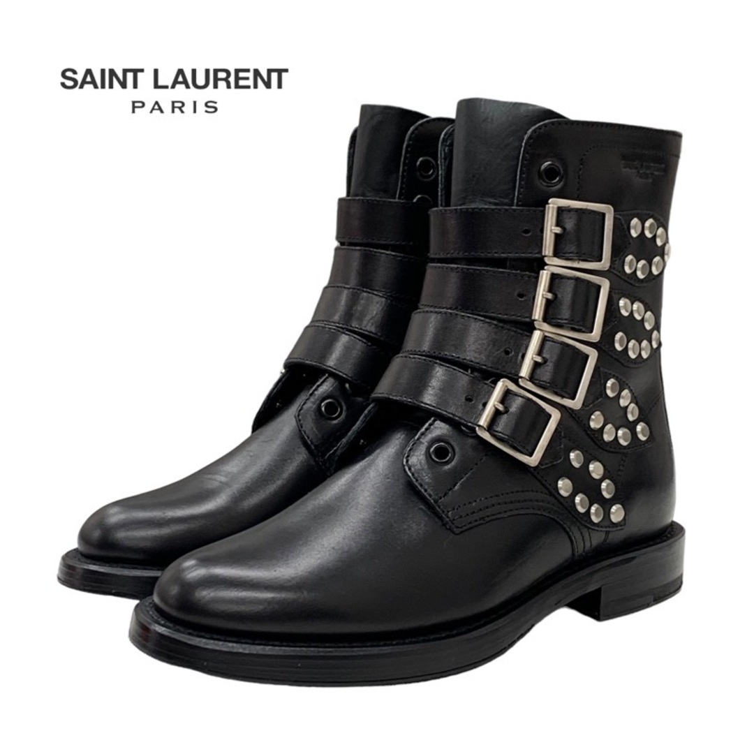 Tieel_靴ALLサンローラン SAINT LAURENT ブーツ ショートブーツ 靴 シューズ レザー ブラック 黒 シルバー スタッズ ベルト レースアップ