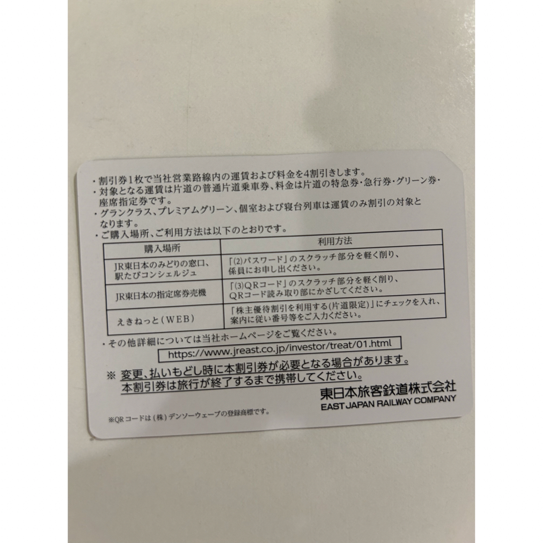 JR(ジェイアール)のJR東日本　株主優待券 1枚　サービス券　 チケットの優待券/割引券(その他)の商品写真