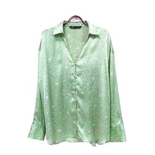 ザラ(ZARA)の【中古】ZARA ザラ　トップス 　レディース ブラウス グリーン 花柄 Lサイズ(シャツ/ブラウス(半袖/袖なし))