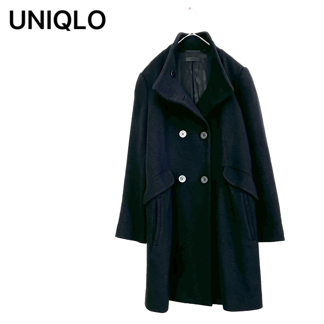 UNIQLO(ユニクロ)のウール100%✨UNIQLO スタンドカラー コート 黒 L ピーコート 毛 レディースのジャケット/アウター(ピーコート)の商品写真