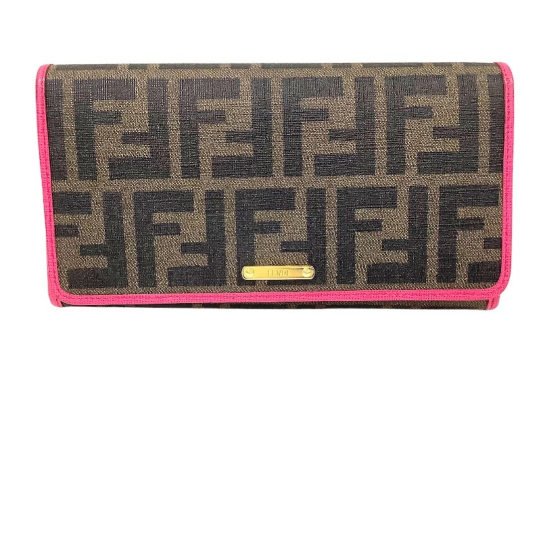 フェンディ（FENDI）ズッカ柄 長財布 コンチネンタルウォレット ピンク×ブラウン 8M0298 PVC 箱あり KB-7632