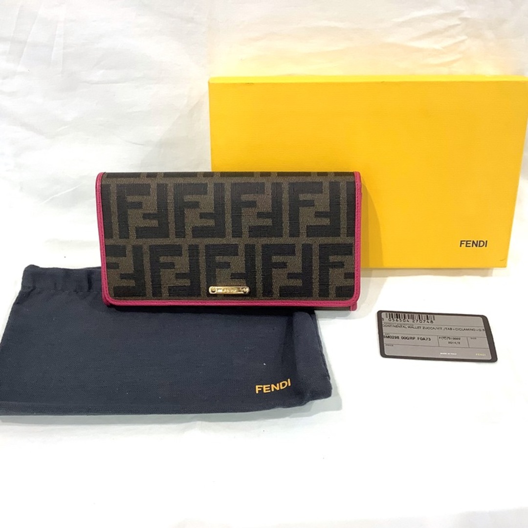 フェンディ（FENDI）ズッカ柄 長財布 コンチネンタルウォレット ピンク×ブラウン 8M0298 PVC 箱あり KB-7632