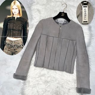 シャネル(CHANEL)の本物 シャネル ヴィンテージ ムートン ノーカラー ジャケット 40 グレー系(ムートンコート)