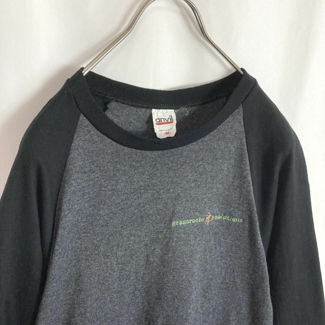 US古着ラグランTシャツ 七分袖 企業ロゴ ワンポイント刺繍 シンプル黒 灰色M