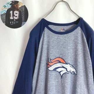 マジェスティック(Majestic)のNFL古着 ラグランTシャツ デンバーブロンコス チームロゴ 七分袖２XL(Tシャツ/カットソー(七分/長袖))