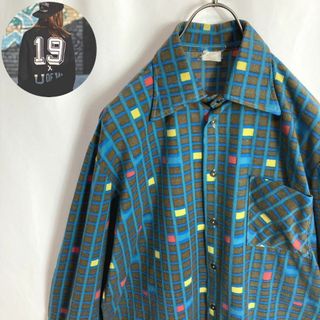 レトロ古着 総柄シャツ コーデュロイ 長袖 チェック柄 マルチカラー 茶色M(シャツ)