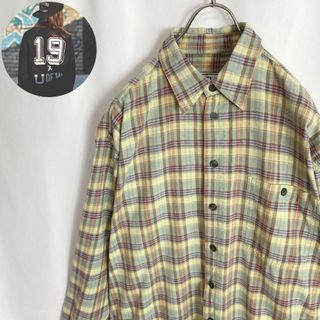 US古着 チェック柄シャツ 長袖 ゆるだぼ グリーン緑 紫色 XL かわいい(シャツ)