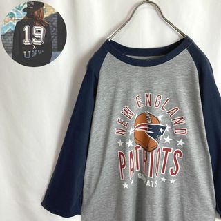 フォーティセブン(47 Brand)のNFL古着ラグランTシャツ ペイトリオッツ七分丈チームロゴゆるだぼ 紺灰色３XL(Tシャツ/カットソー(七分/長袖))