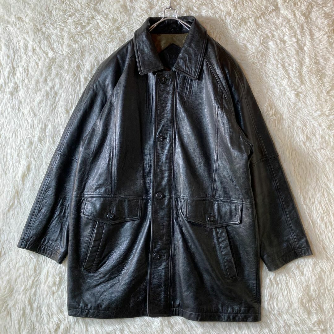 90s ビンテージ ロング レザーコート 羊革 裏地ゴールド 金 馬車 90s ビンテージ ロング レザーコート 羊革 裏地ゴールド 金 馬車